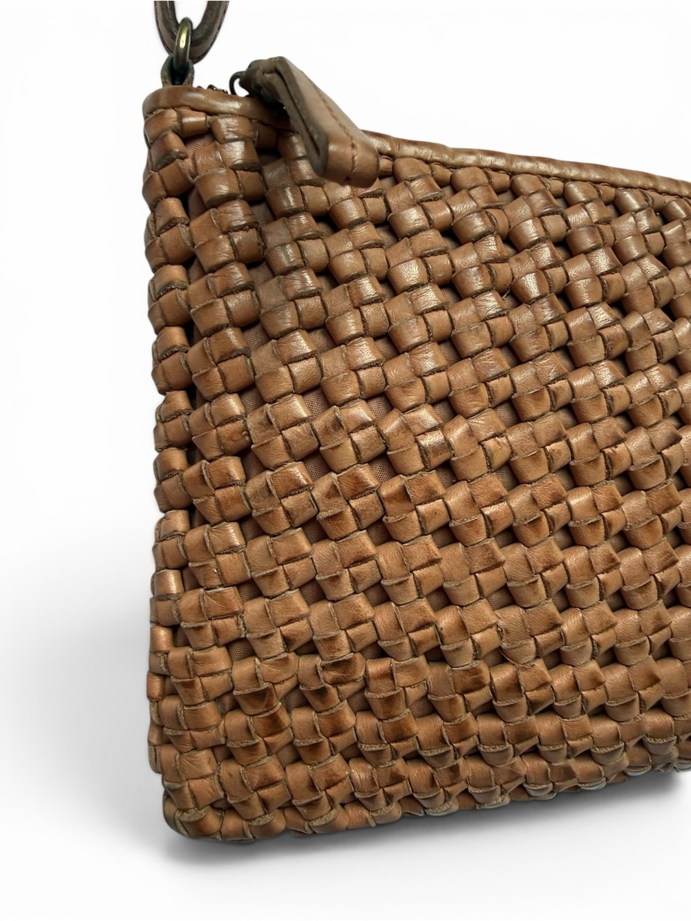 Woven Leather Crossbody Bag Tan Cognac Boho Minimalist Organizer - Picture 4 of 10